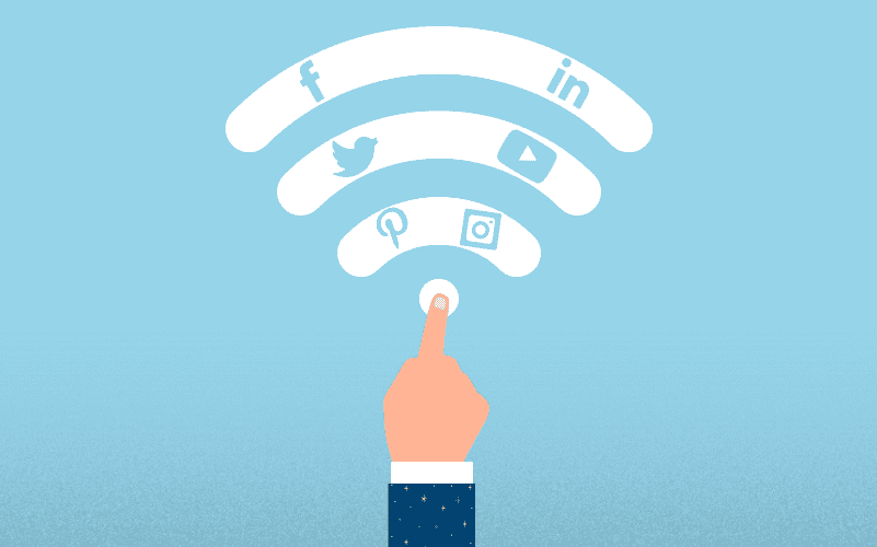 Illustration of hand touching center of Wifi symbol with social media icons in each band