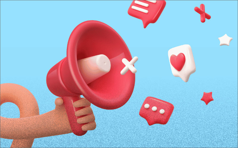 Illustration of megaphone with speech bubbles and reactions coming out of it