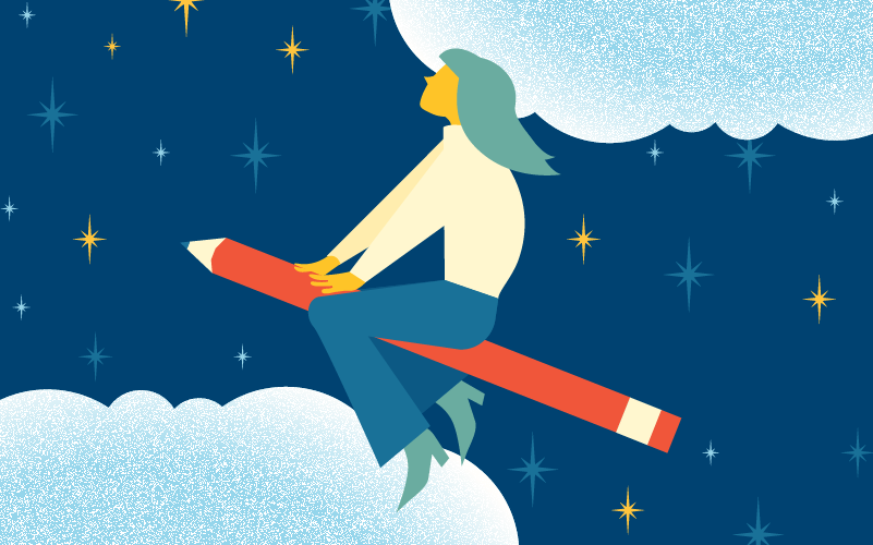 Illustration of a woman in the night sky flying on a large pencil