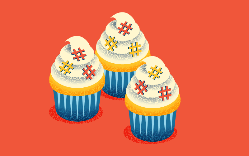 Illustration of cupcakes with hashtag sprinkles on top