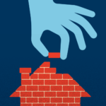 Illustration of large hand placing brick on top of a house