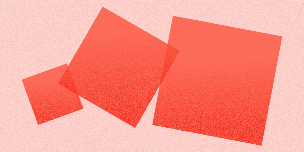 Illustration of bouncing red squares on a light red background