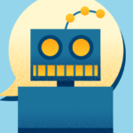 Illustration of a robot in front of a blank chat bubble